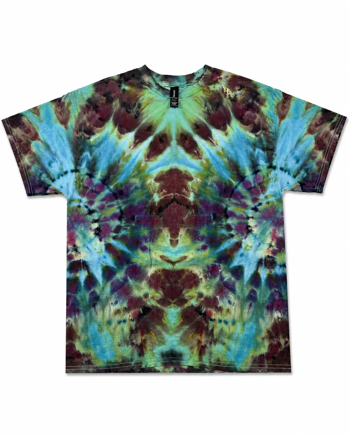 Aqua, plum and green Alchemy and Kaleidoscope Eyes double fan fold ice gravity melt tie-dye shirt