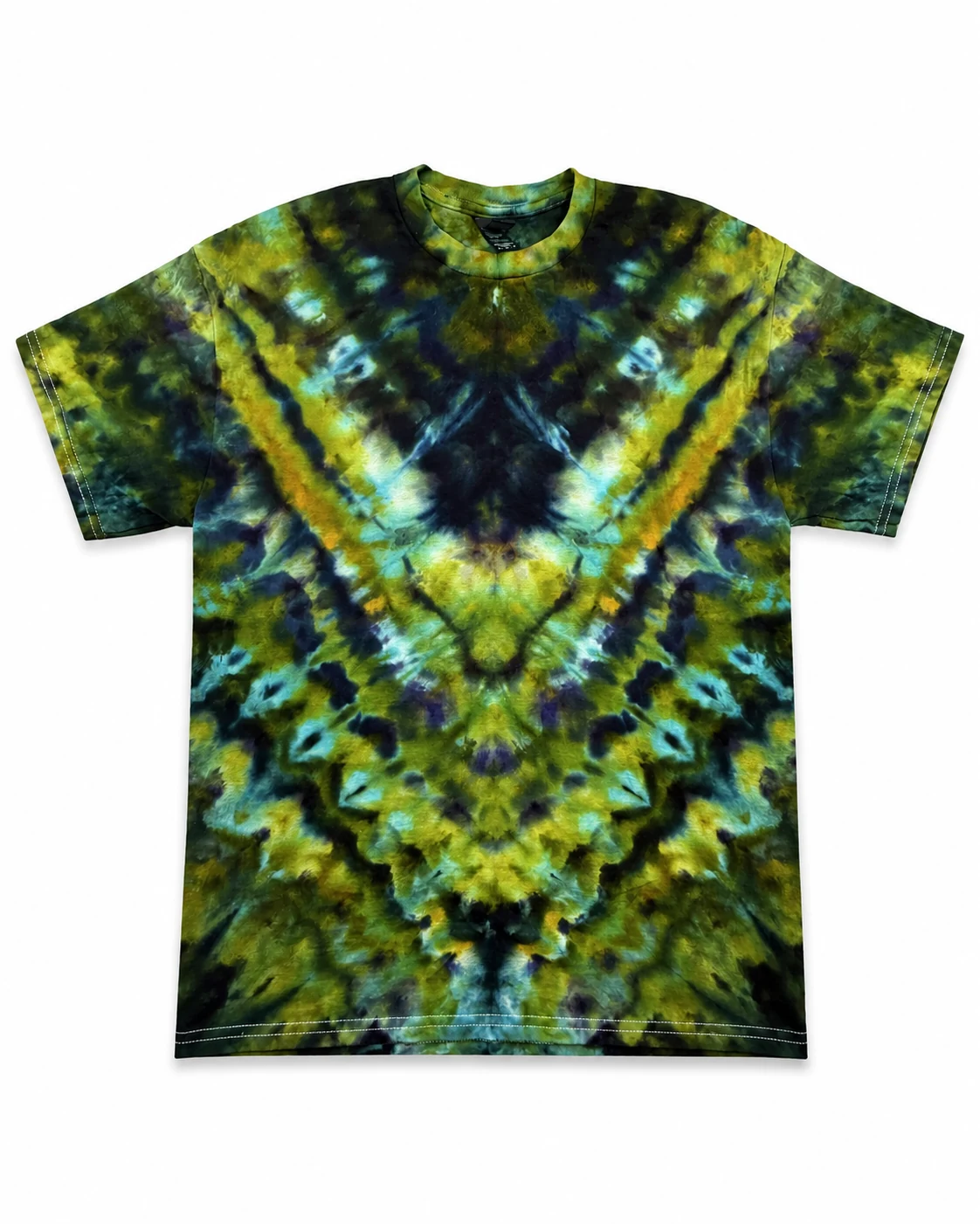 Green, gold and aqua V incline gravity fold tie-dye shirt
